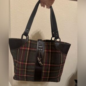 Lauren Ralph Lauren wool 3 compartment plaid tote w/ leather trim & horn toggle